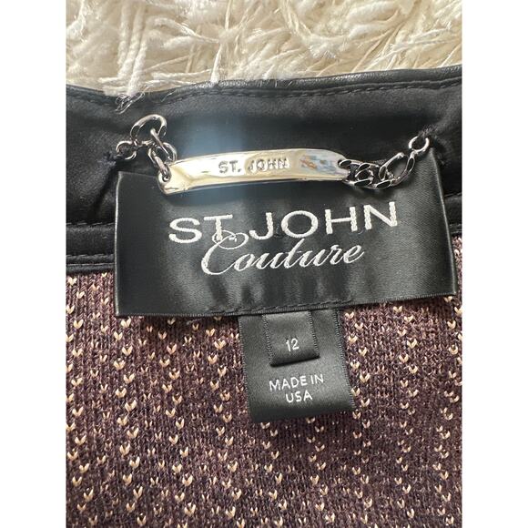 St John Couture Tweed wool Blazer Jacket Size 12 Black Leather Trim  button Knit - Picture 5 of 11